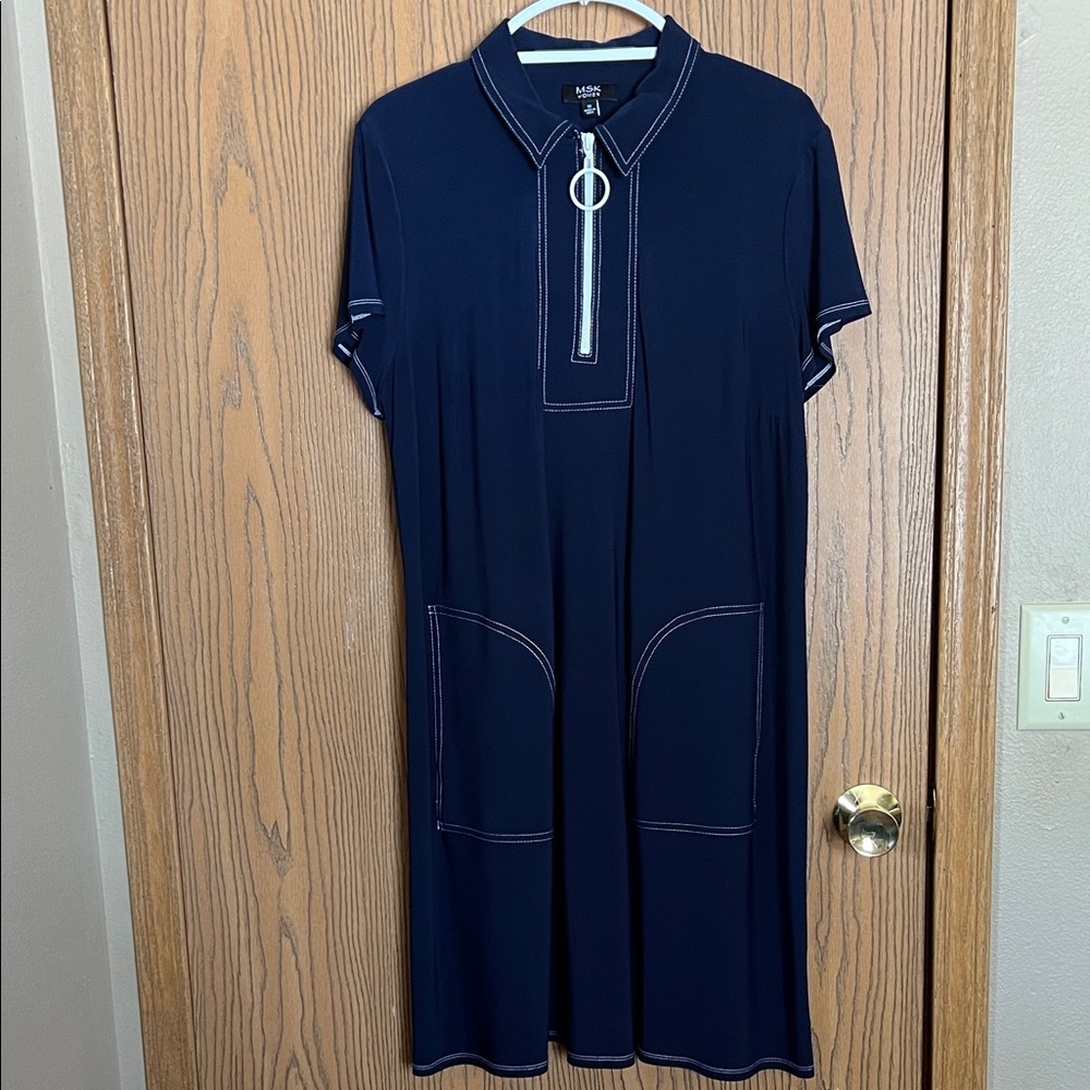 MSK Women Navy Blue Short Sleeve Dress with White Stitching and pockets